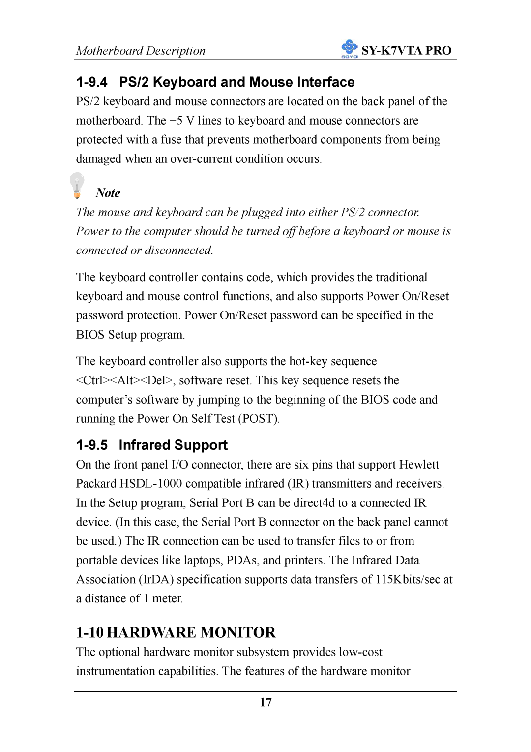 SOYO SY-K7VTA PRO user manual Hardware Monitor, 4 PS/2 Keyboard and Mouse Interface, Infrared Support 