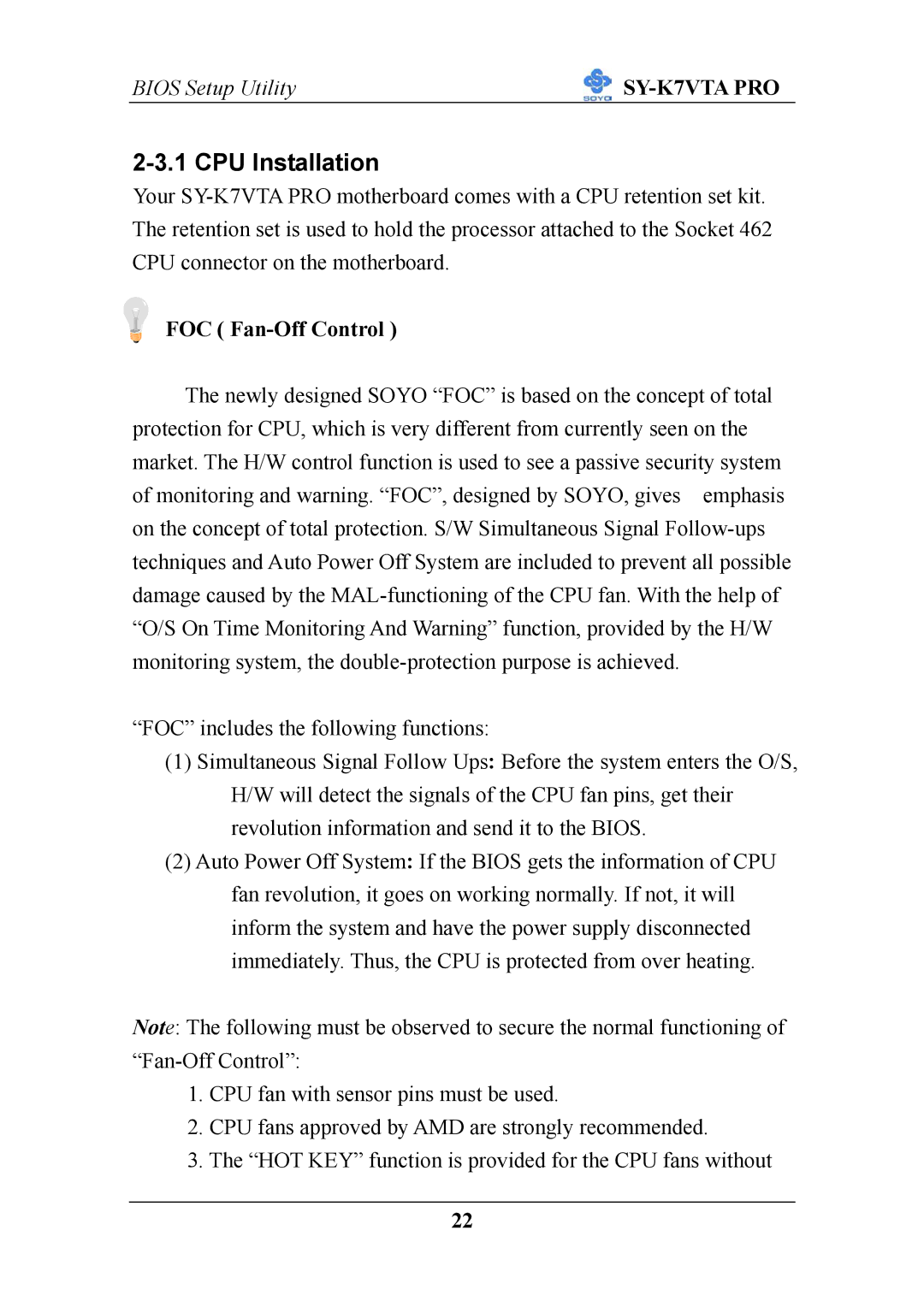 SOYO SY-K7VTA PRO user manual CPU Installation, FOC Fan-Off Control 