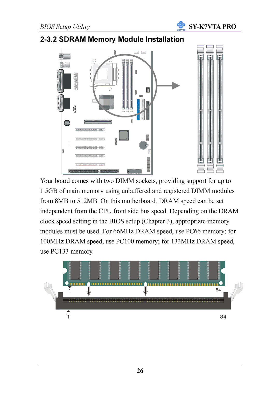 SOYO SY-K7VTA PRO user manual Sdram Memory Module Installation 