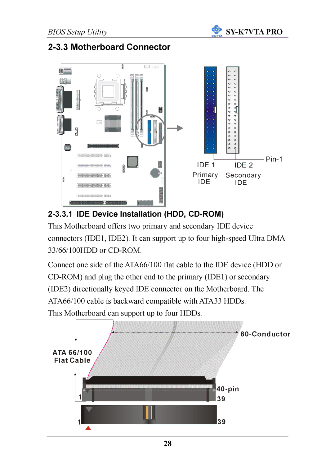 SOYO SY-K7VTA PRO user manual Motherboard Connector, IDE Device Installation HDD, CD-ROM 