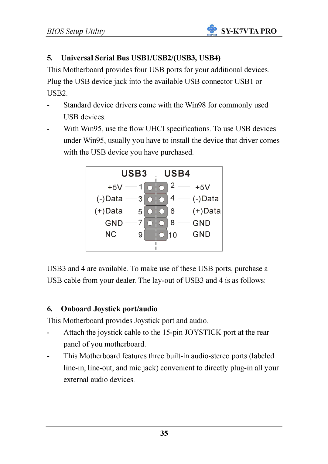 SOYO SY-K7VTA PRO user manual Universal Serial Bus USB1/USB2/USB3, USB4, Onboard Joystick port/audio 