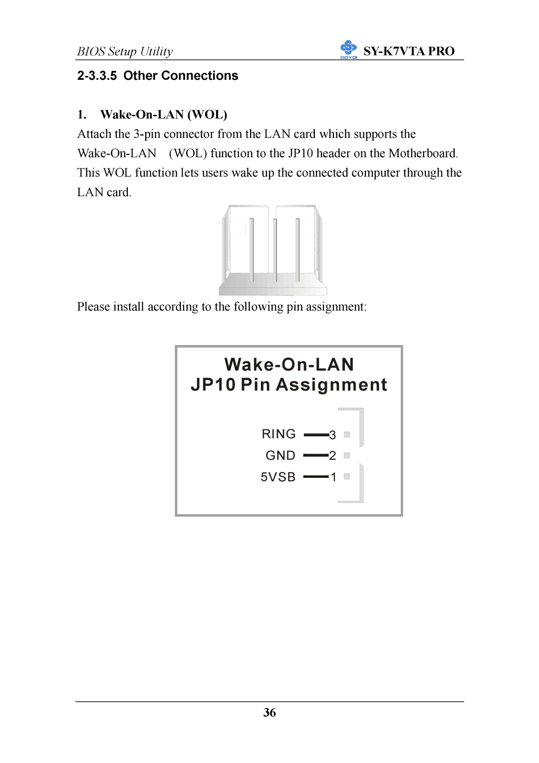 SOYO SY-K7VTA PRO user manual Other Connections, Wake-On-LAN WOL 