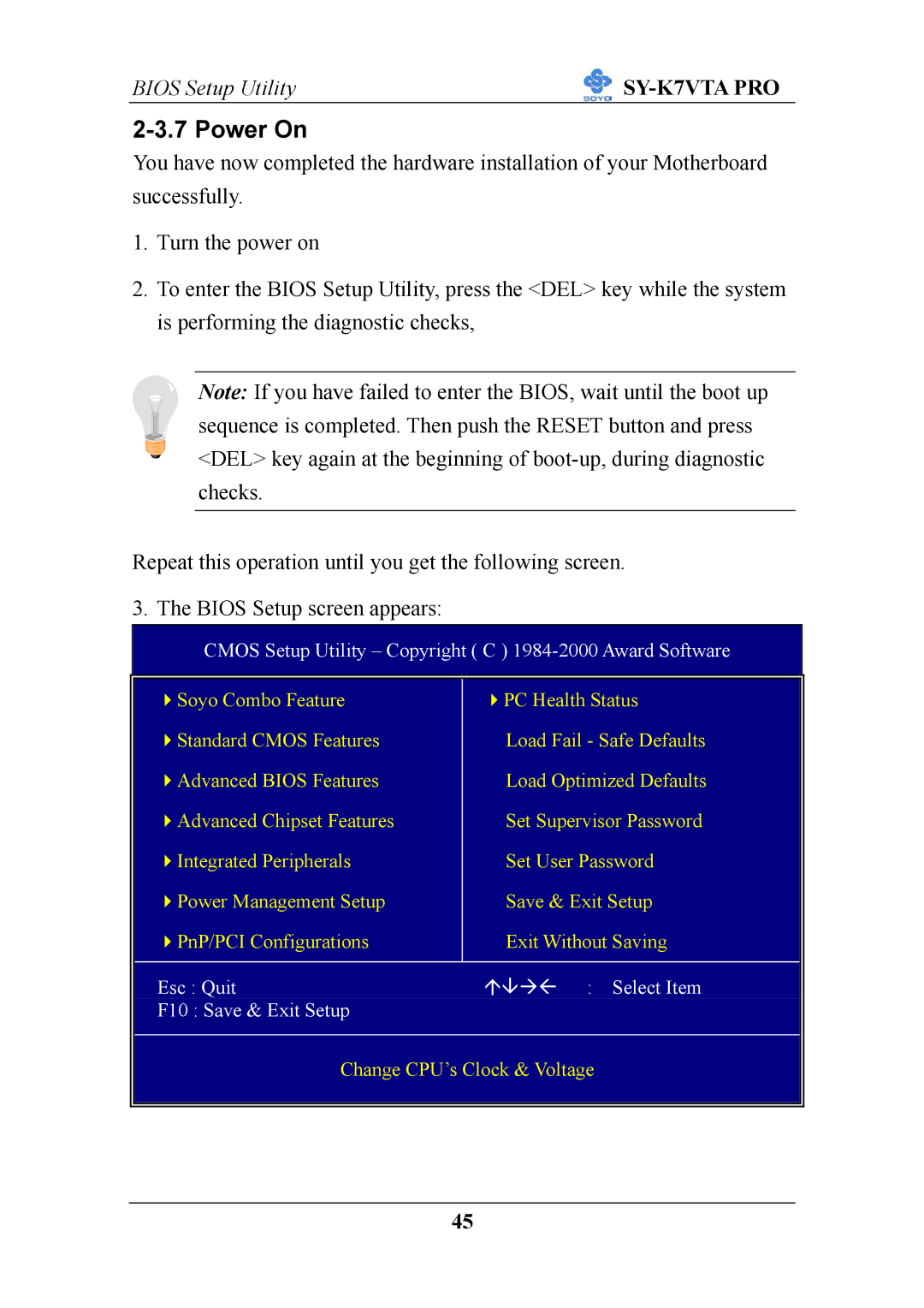 SOYO SY-K7VTA PRO user manual Power On, Cmos Setup Utility Copyright C 1984-2000 Award Software 