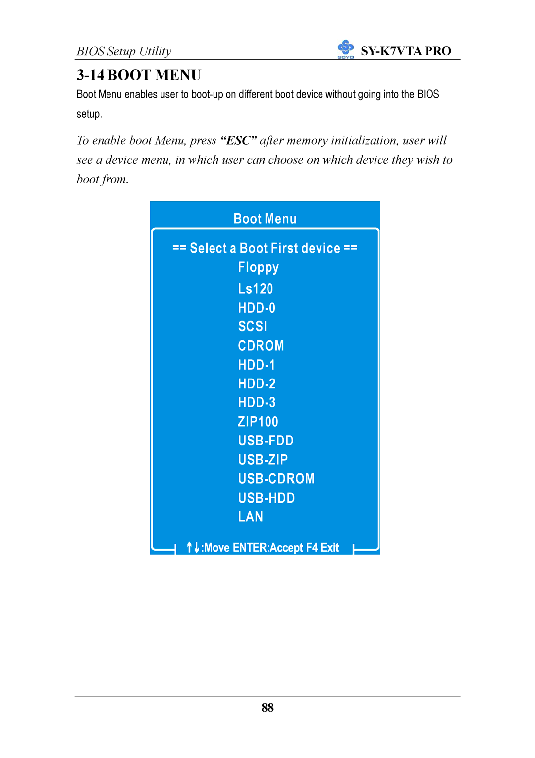 SOYO SY-K7VTA PRO user manual Boot Menu 