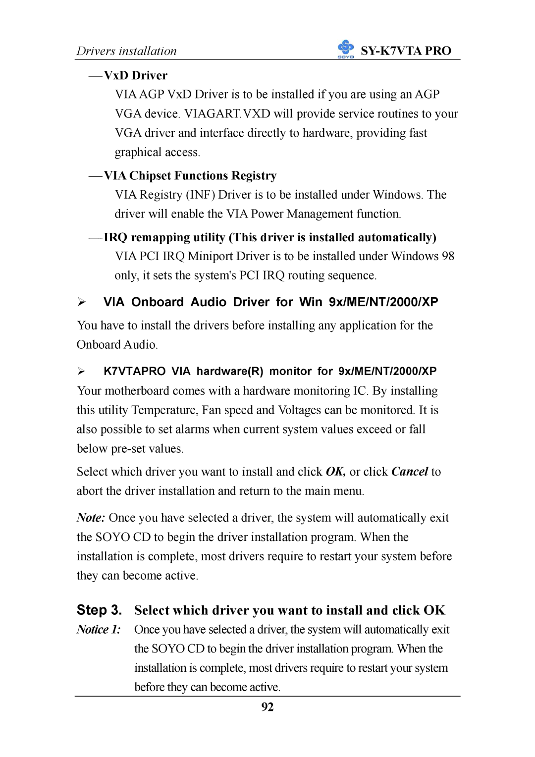 SOYO SY-K7VTA PRO user manual  VxD Driver,  VIA Chipset Functions Registry 