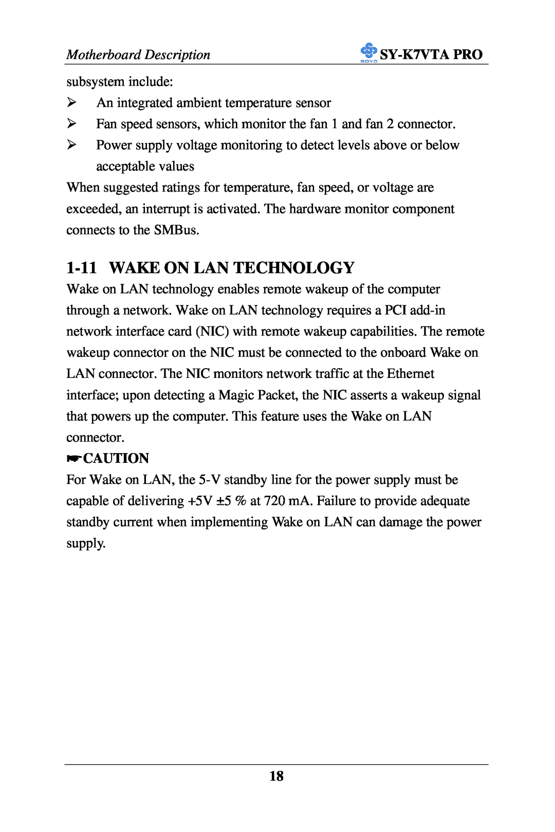 SOYO SY-K7VTA PRO user manual Wake On Lan Technology, Motherboard Description 