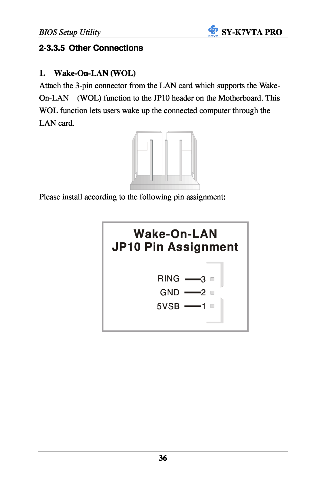 SOYO SY-K7VTA PRO user manual Other Connections, RING GND 5VSB, Wake-On-LAN JP10 Pin Assignment, BIOS Setup Utility 