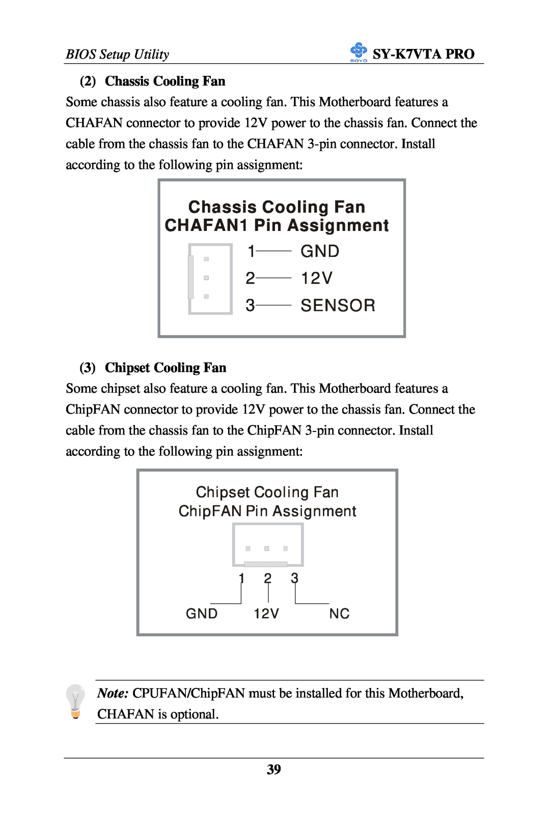 SOYO SY-K7VTA PRO Chassis Cooling Fan CHAFAN1 Pin Assignment, Chipset Cooling Fan ChipFAN Pin Assignment, 1 GND, Sensor 