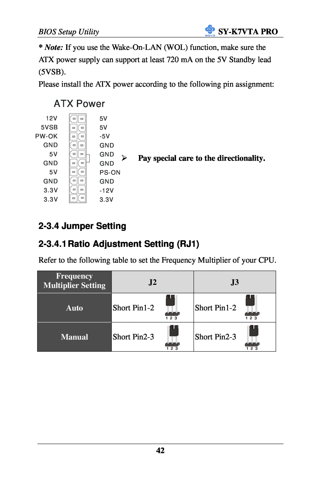 SOYO SY-K7VTA PRO Jumper Setting 2-3.4.1 Ratio Adjustment Setting RJ1, Frequency Multiplier Setting, Auto, Manual 