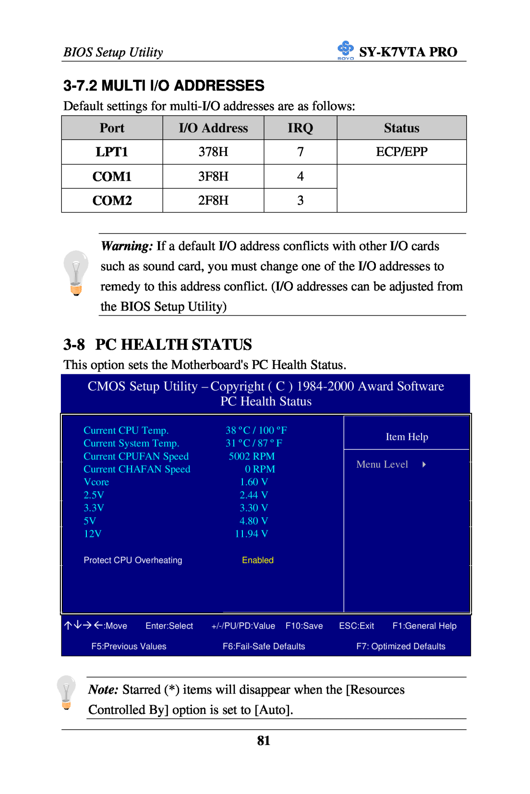 SOYO SY-K7VTA PRO user manual Pc Health Status, Multi I/O Addresses, PC Health Status, BIOS Setup Utility 