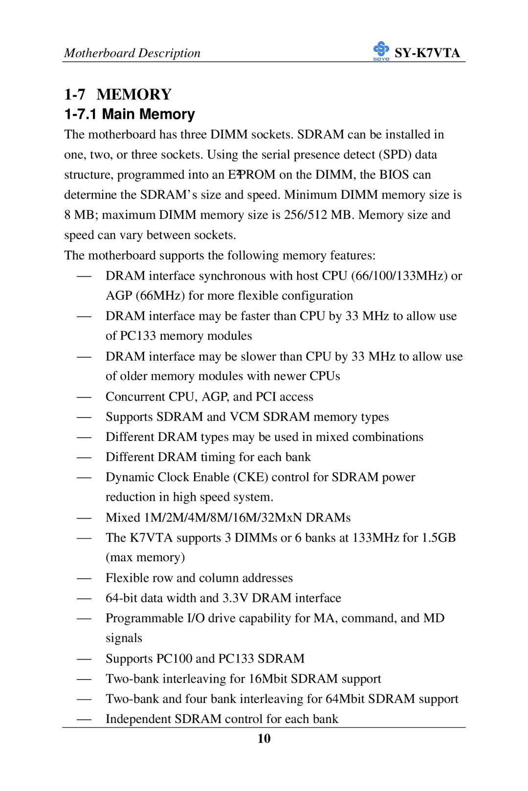 SOYO SY-K7VTA manual Main Memory 