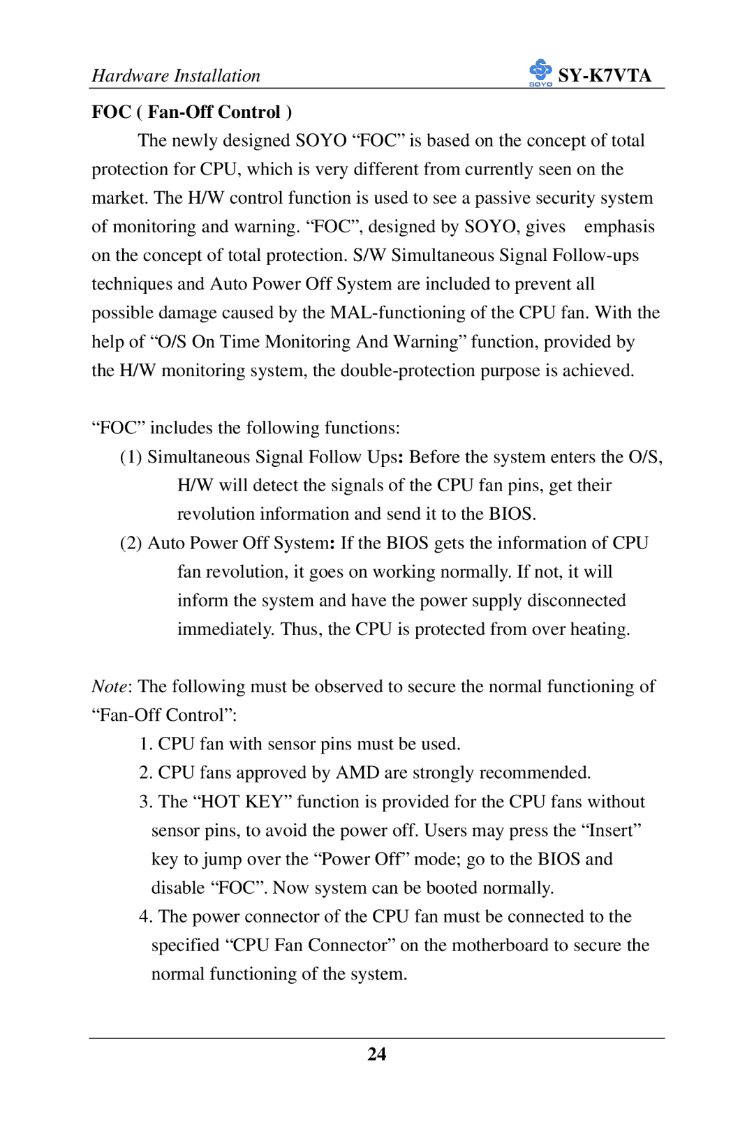 SOYO SY-K7VTA manual FOC Fan-Off Control 