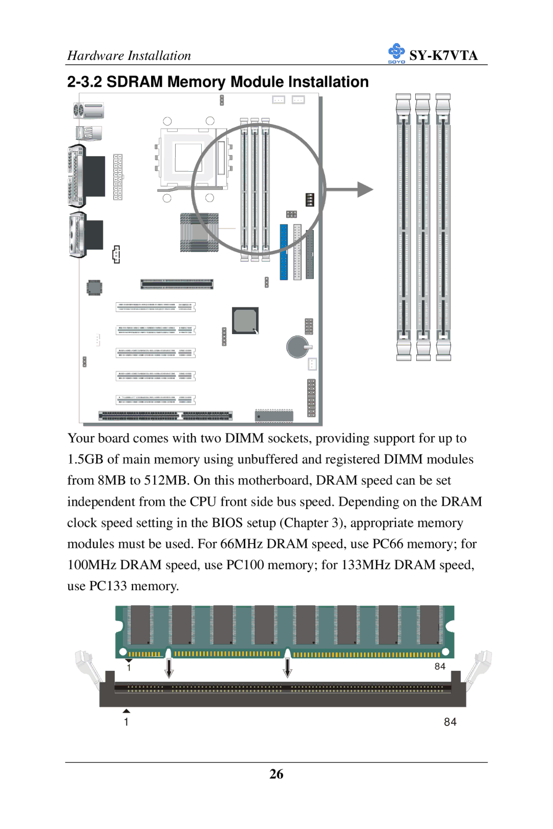 SOYO SY-K7VTA manual Sdram Memory Module Installation 