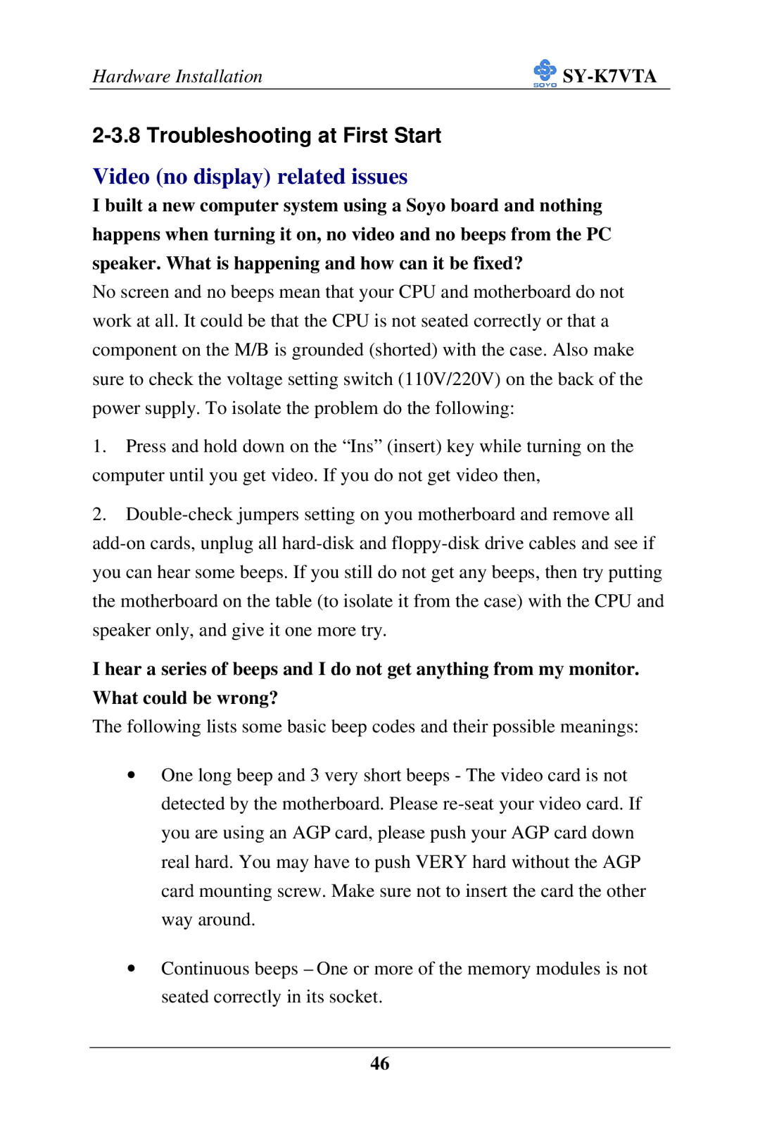 SOYO SY-K7VTA manual Video no display related issues, Troubleshooting at First Start 