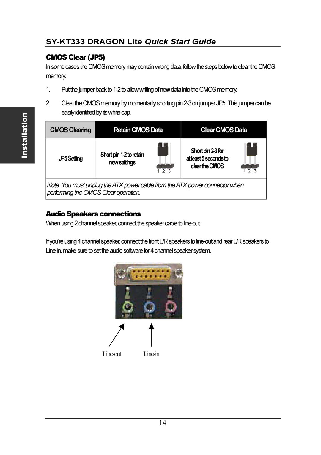 SOYO SY-KT333 quick start Cmos Clear JP5, Audio Speakers connections 