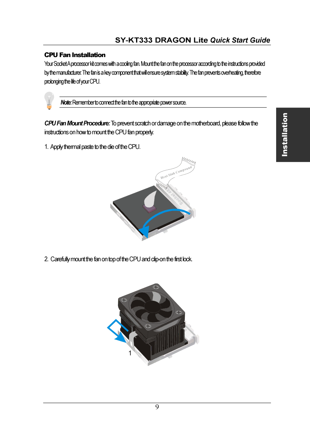 SOYO SY-KT333 quick start CPU Fan Installation 