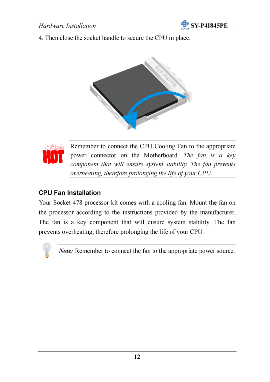 SOYO SY-P4I845PE user manual CPU Fan Installation 