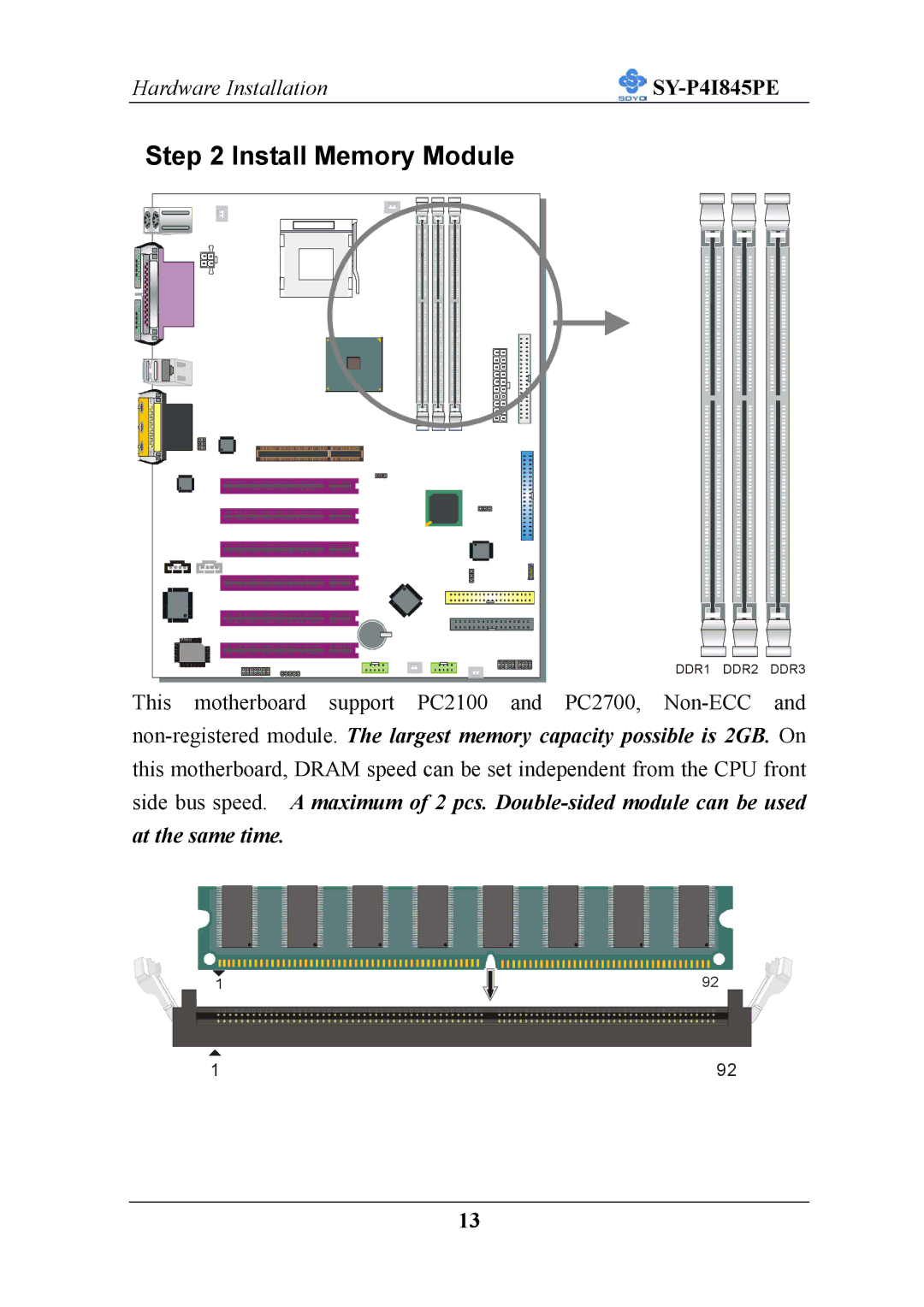 SOYO SY-P4I845PE user manual Install Memory Module 