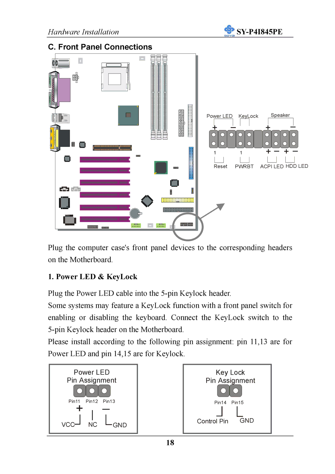 SOYO SY-P4I845PE user manual Front Panel Connections, Power LED & KeyLock 