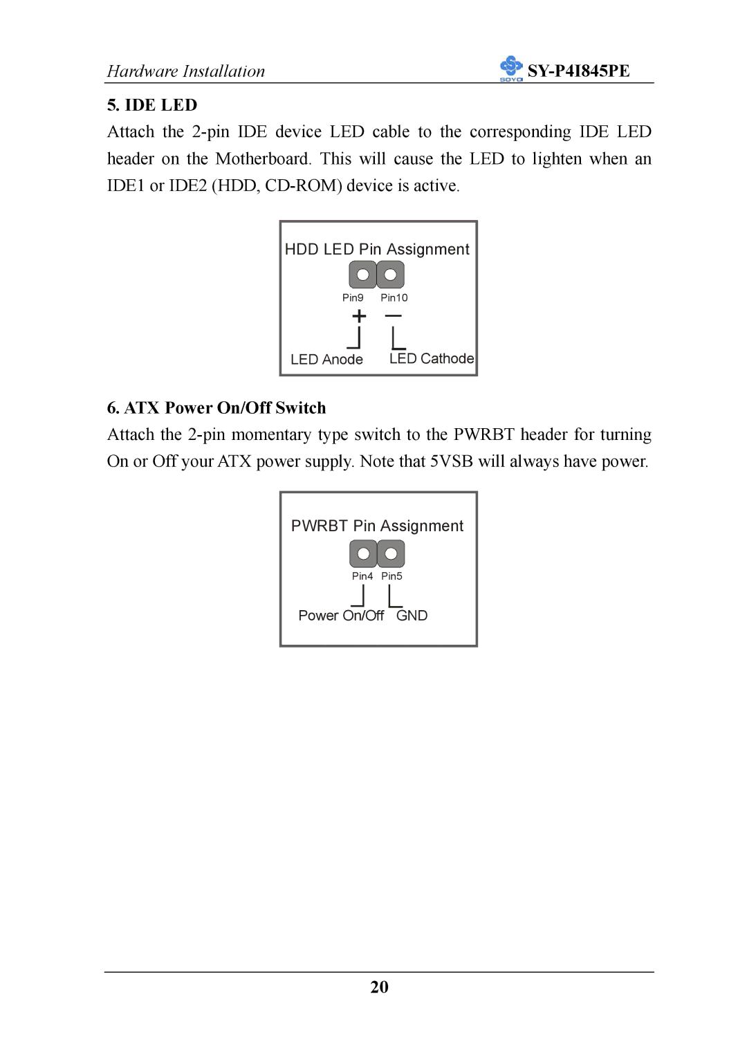 SOYO SY-P4I845PE user manual Ide Led, ATX Power On/Off Switch 