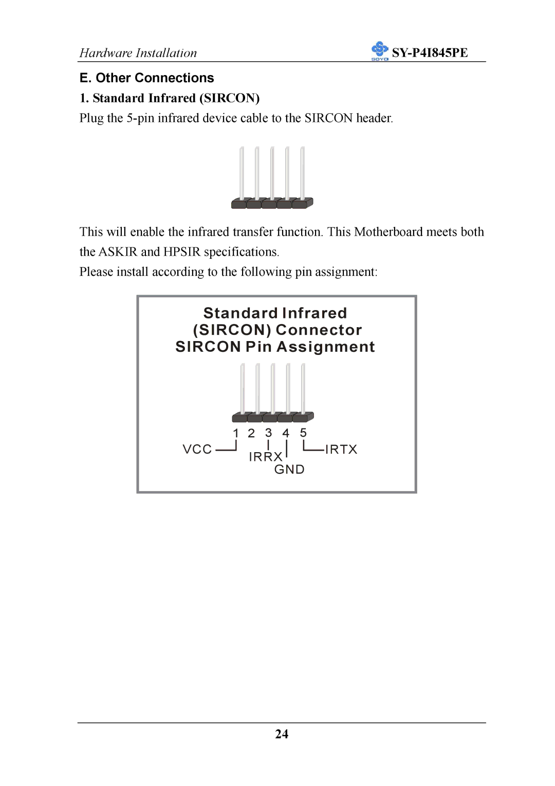 SOYO SY-P4I845PE user manual Other Connections, Standard Infrared Sircon 