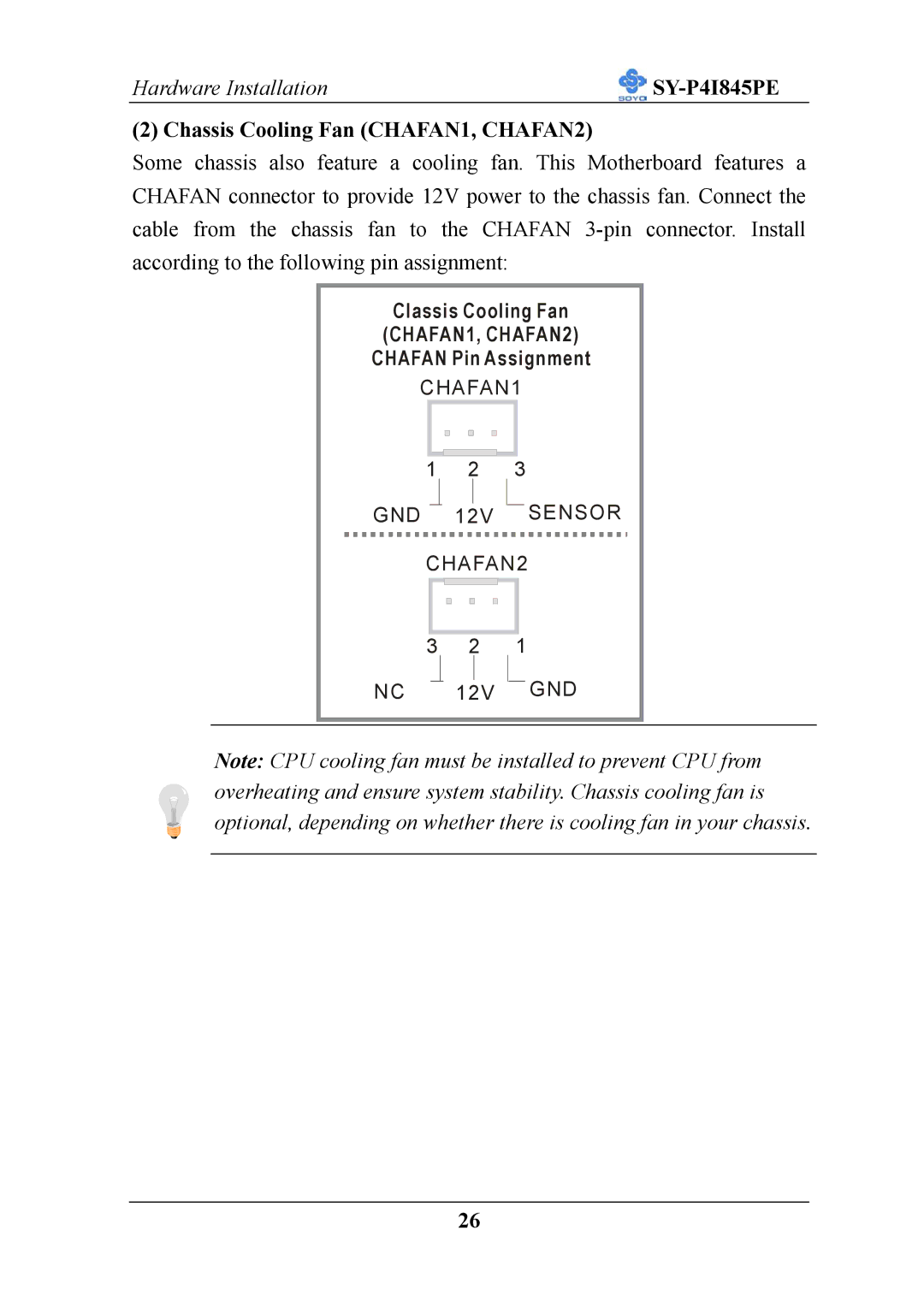 SOYO SY-P4I845PE user manual Chassis Cooling Fan CHAFAN1, CHAFAN2 