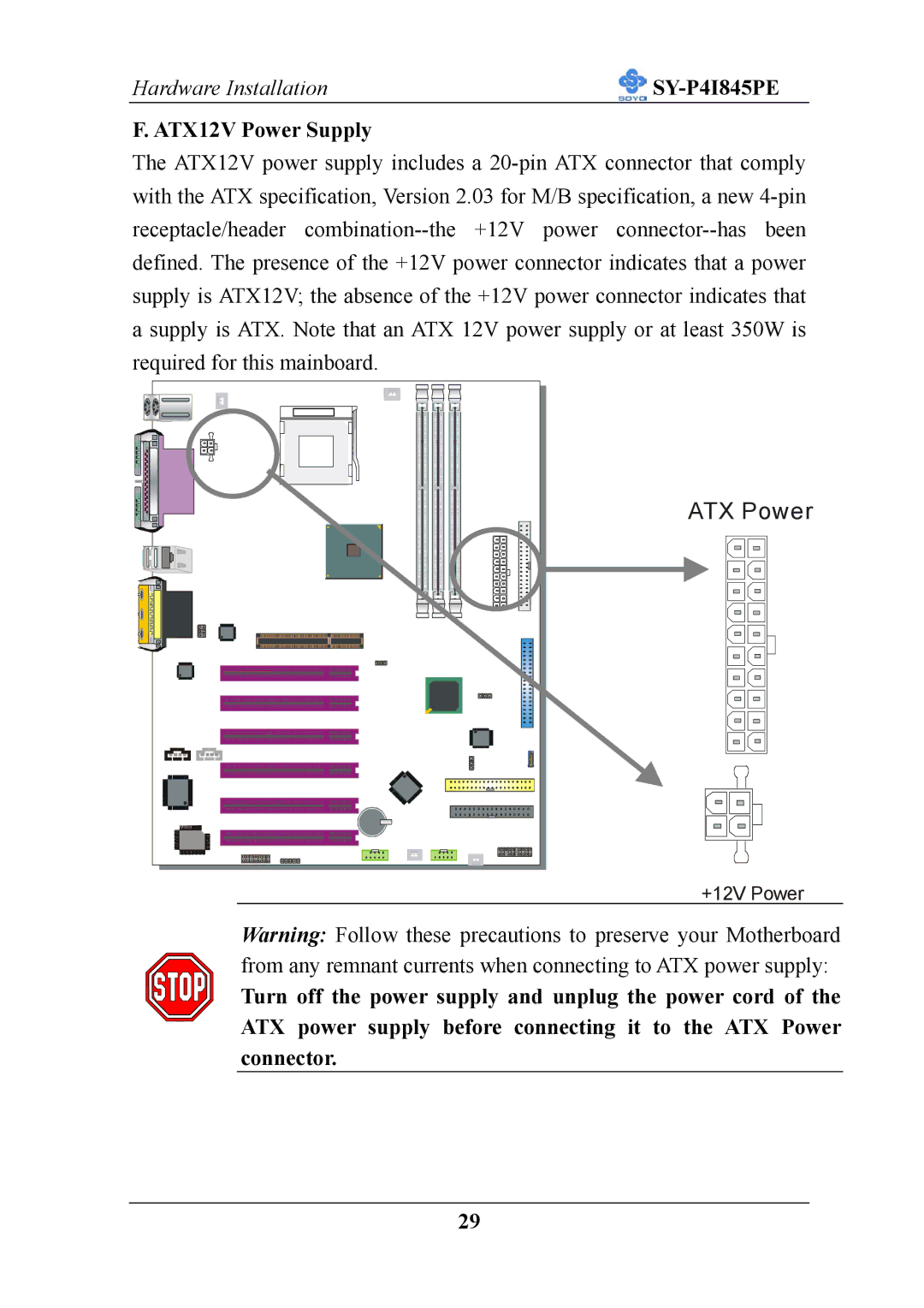 SOYO SY-P4I845PE user manual ATX Power, ATX12V Power Supply 