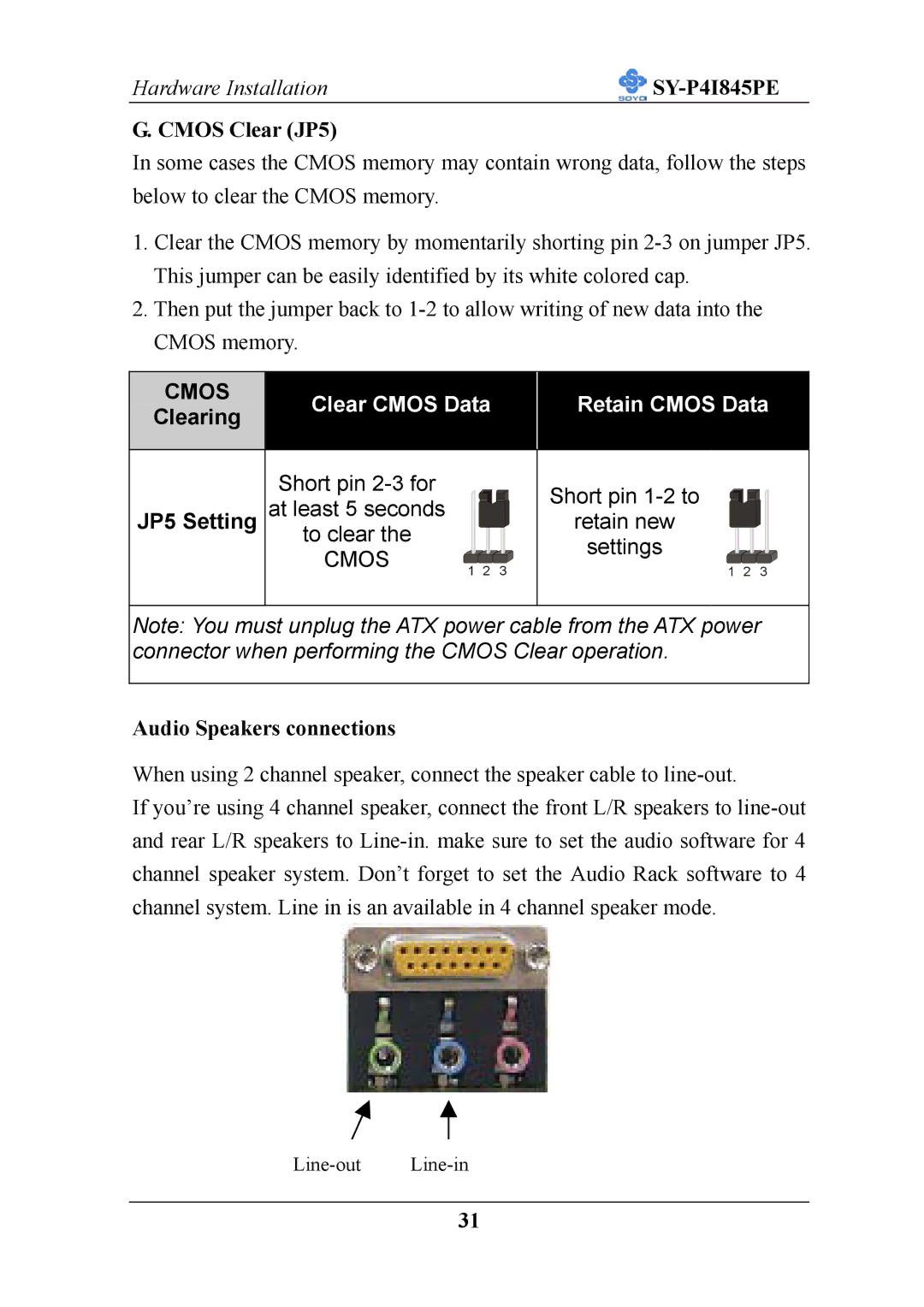 SOYO SY-P4I845PE user manual Cmos Clear JP5, Audio Speakers connections 