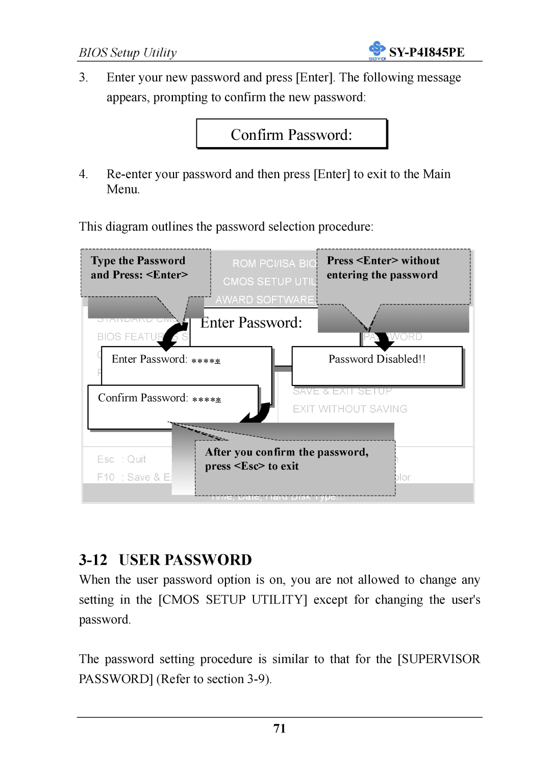 SOYO SY-P4I845PE user manual Confirm Password, User Password 