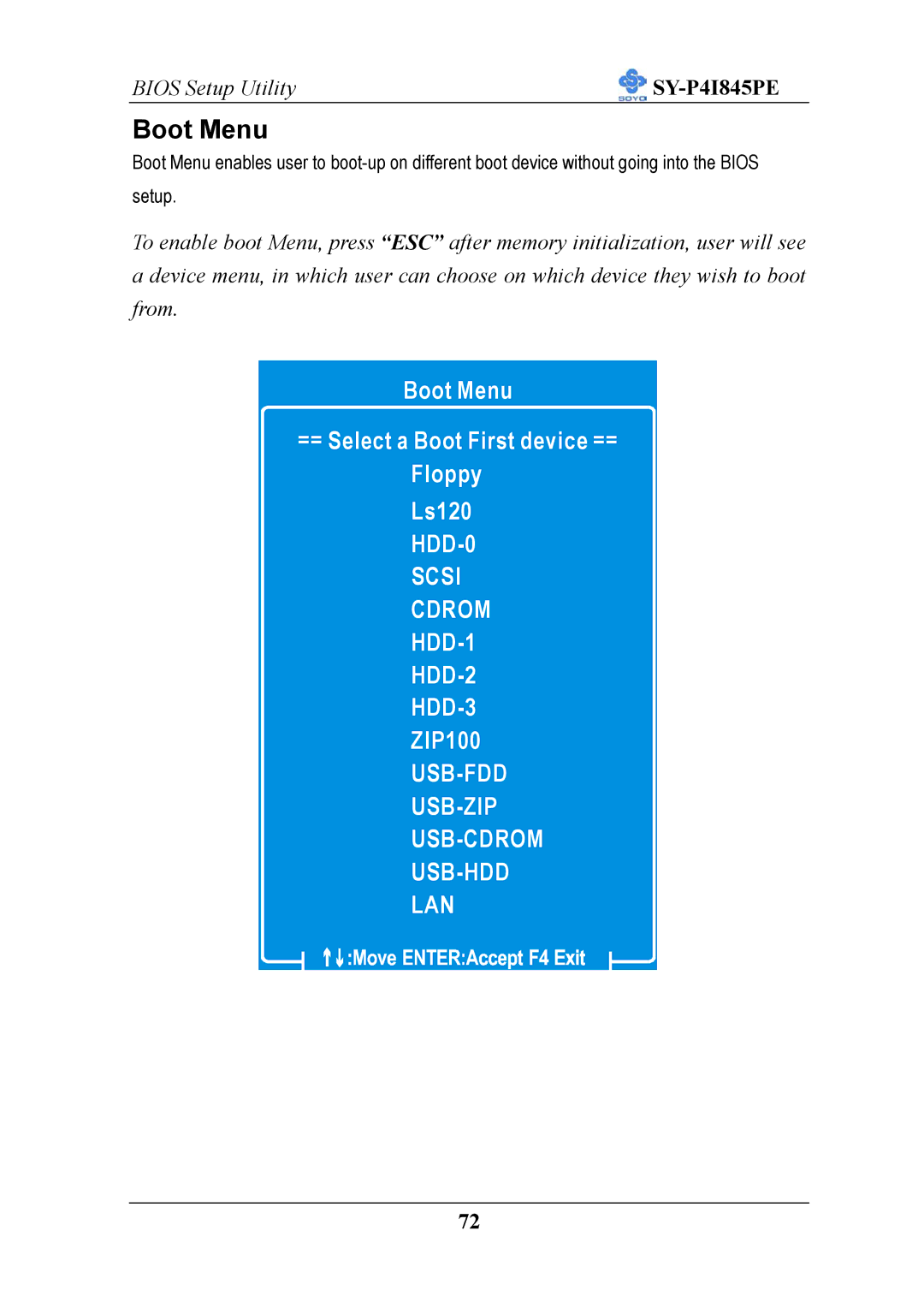 SOYO SY-P4I845PE user manual Boot Menu 