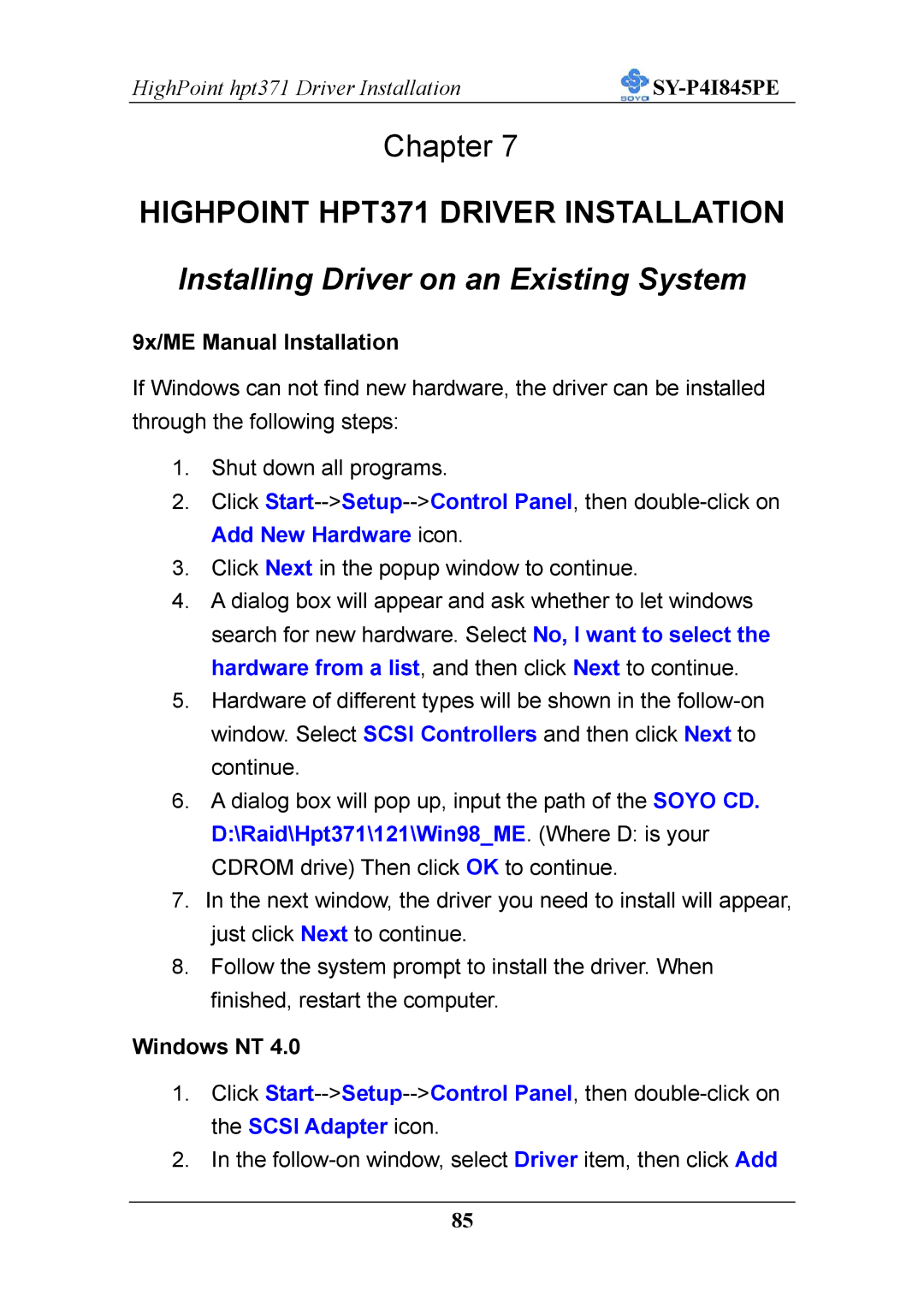 SOYO SY-P4I845PE user manual 9x/ME Manual Installation, Windows NT 