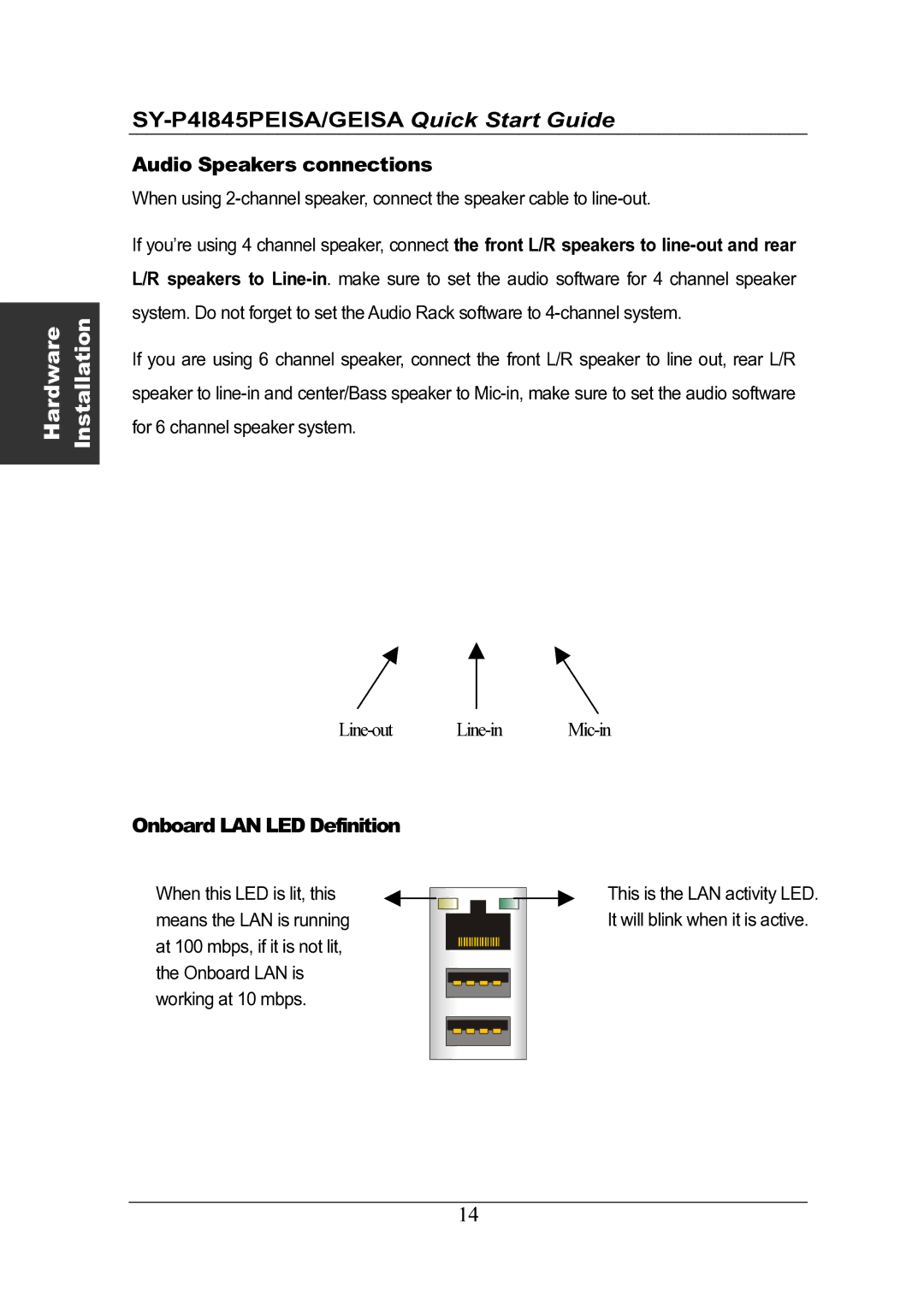 SOYO Motherboard, SY-P4I845PEISA, SY-P4I845GEISA quick start Audio Speakers connections, Onboard LAN LED Definition 