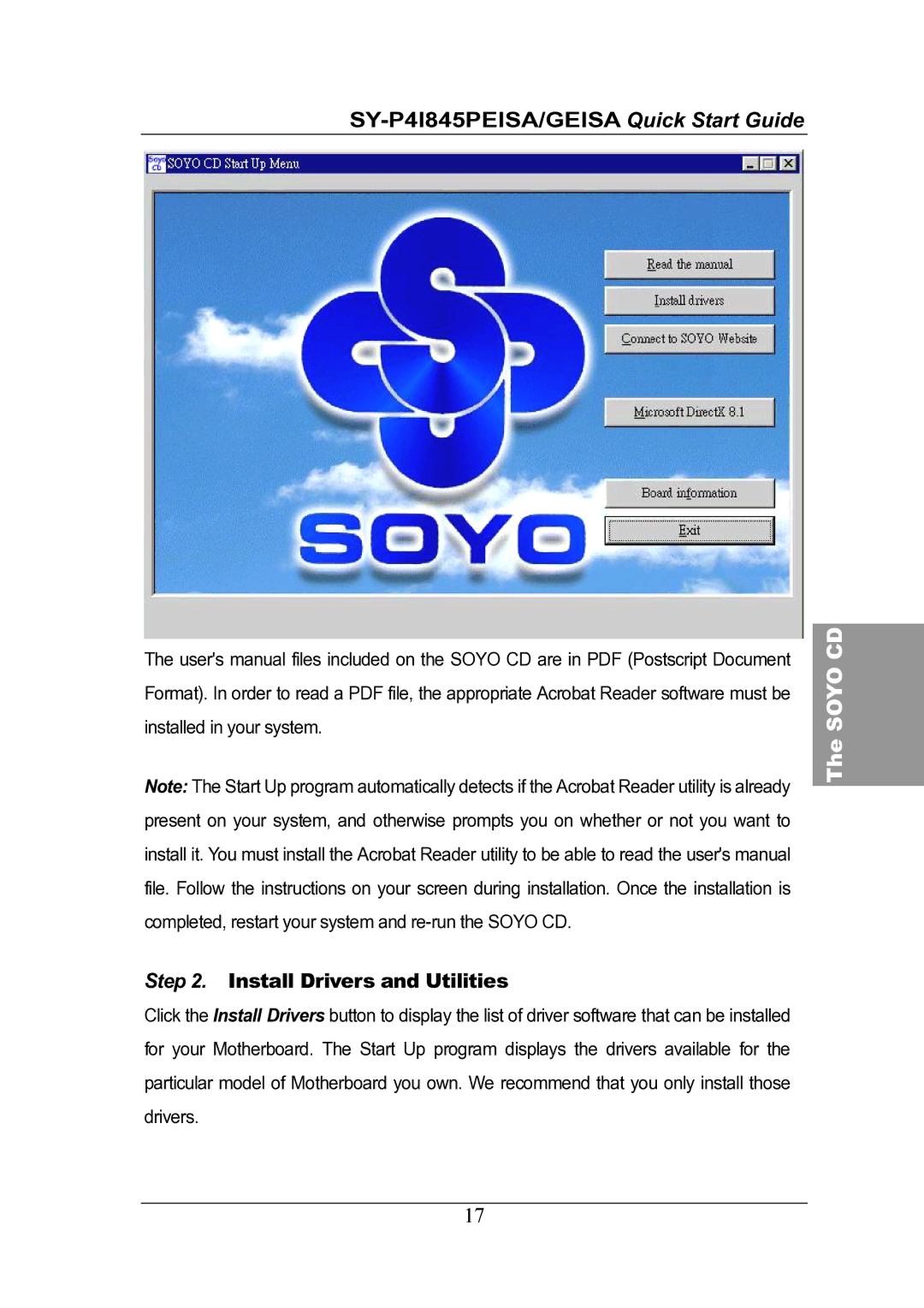 SOYO Motherboard, SY-P4I845PEISA, SY-P4I845GEISA quick start Install Drivers and Utilities 