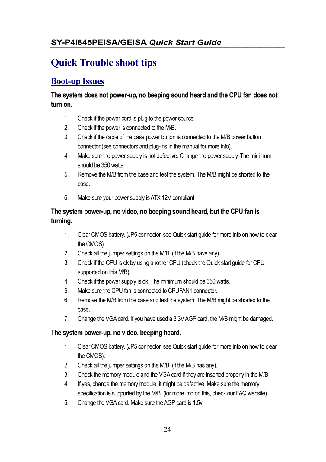 SOYO SY-P4I845PEISA, SY-P4I845GEISA, Motherboard quick start Boot-up Issues, System power-up, no video, beeping heard 