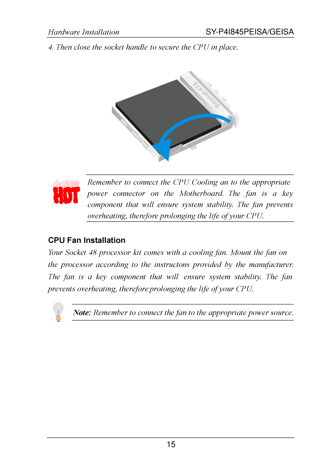 SOYO SY-P4I845PEISA manual CPU Fan Installation 