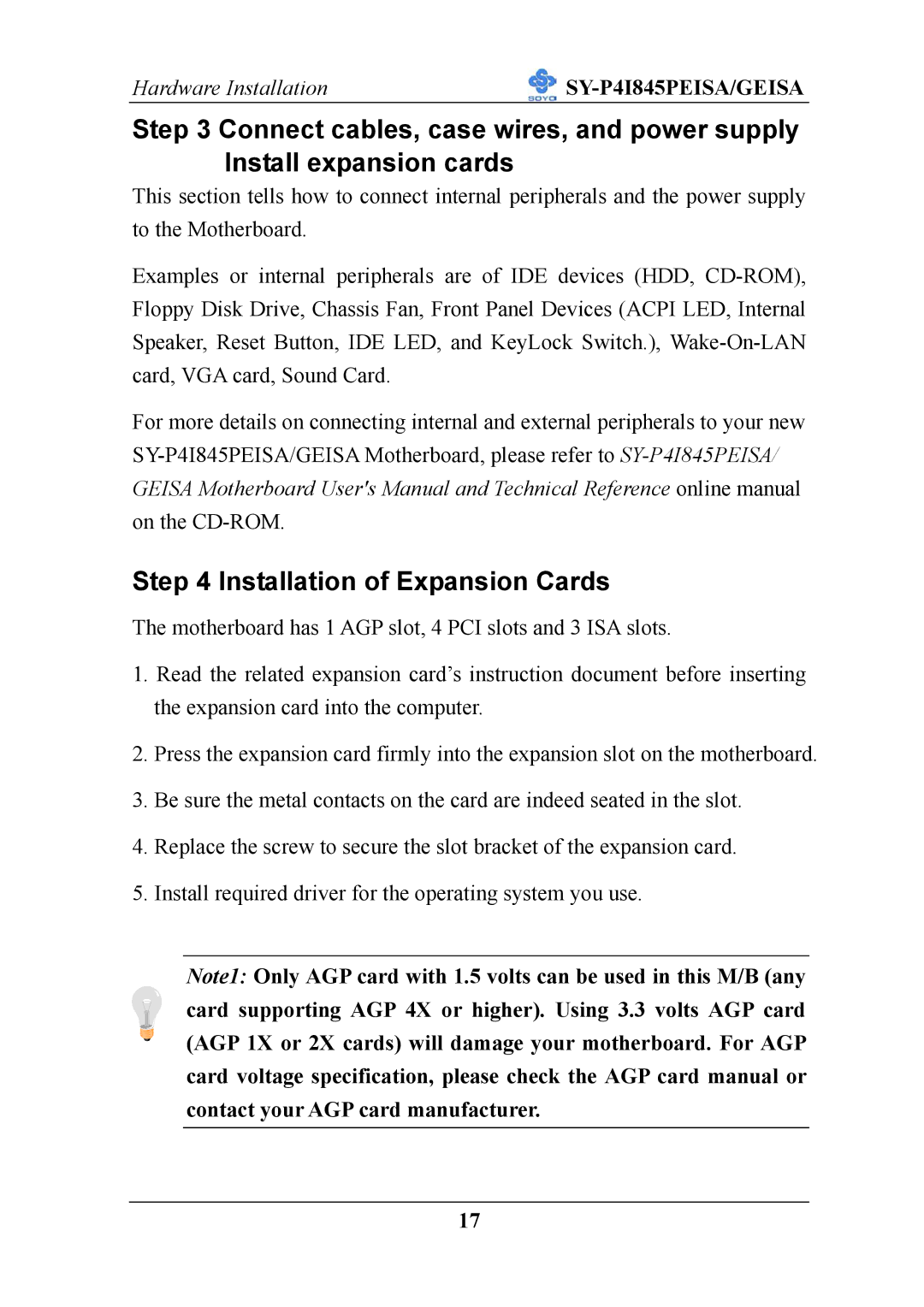 SOYO SY-P4I845PEISA manual Installation of Expansion Cards 