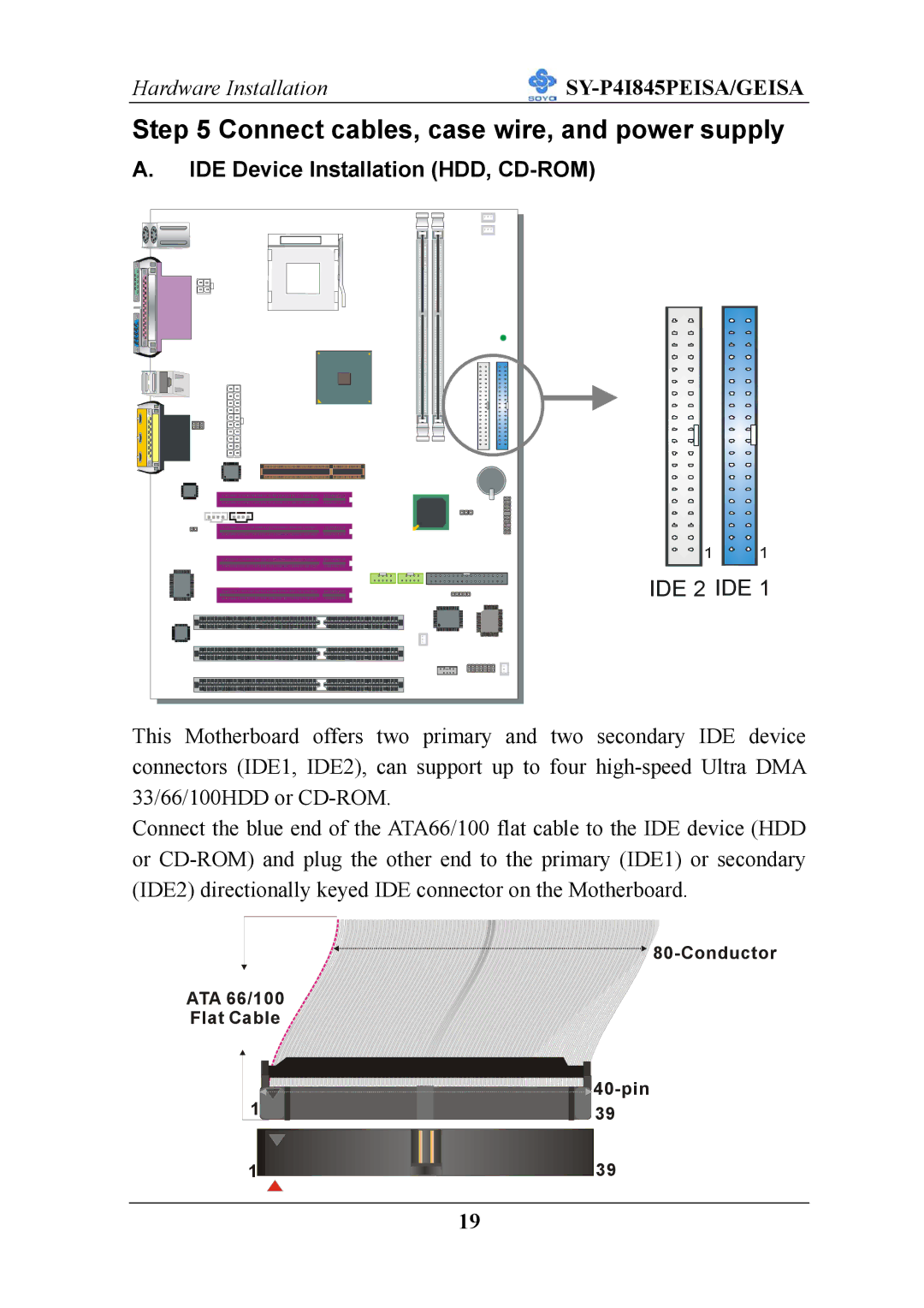 SOYO SY-P4I845PEISA manual Connect cables, case wire, and power supply, IDE Device Installation HDD, CD-ROM 