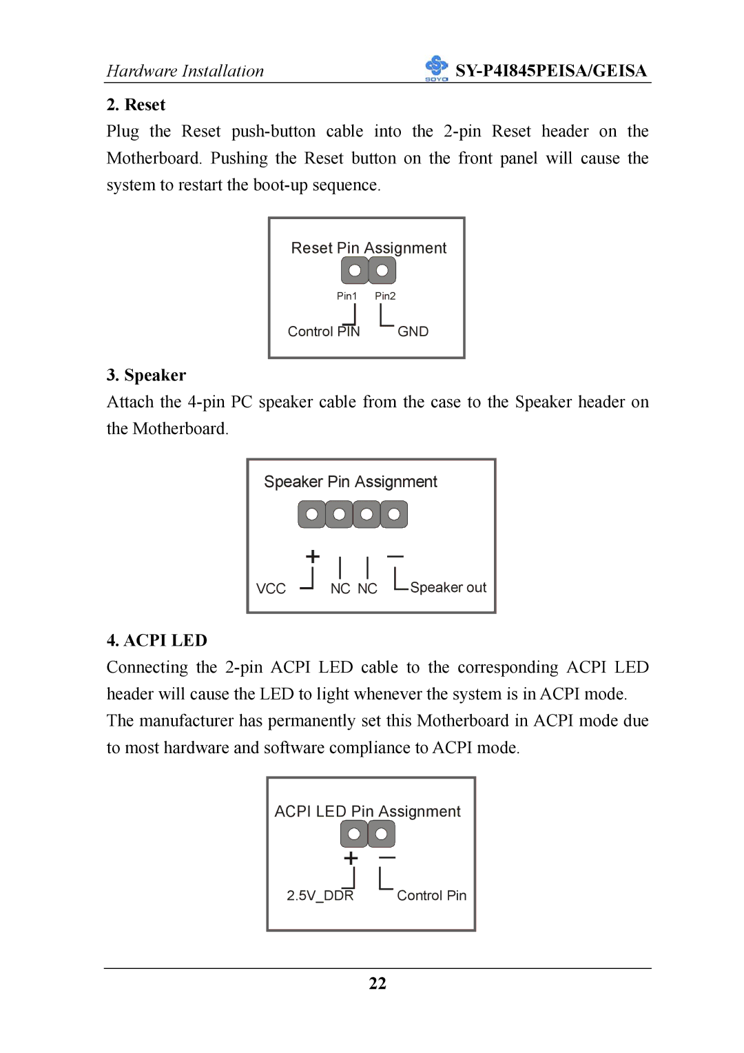 SOYO SY-P4I845PEISA manual Reset, Speaker, Acpi LED 