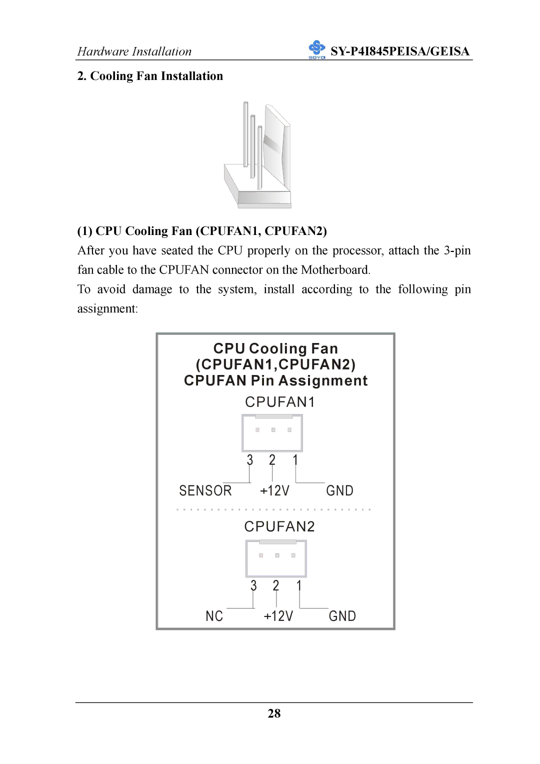 SOYO SY-P4I845PEISA manual CPUFAN1,CPUFAN2, Cooling Fan Installation CPU Cooling Fan CPUFAN1, CPUFAN2 