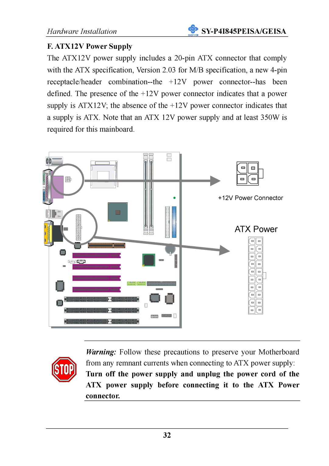 SOYO SY-P4I845PEISA manual ATX Power, ATX12V Power Supply 