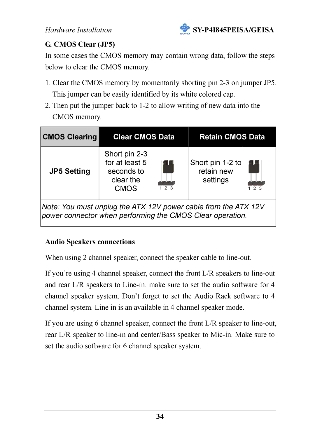 SOYO SY-P4I845PEISA manual Cmos Clear JP5, Audio Speakers connections 