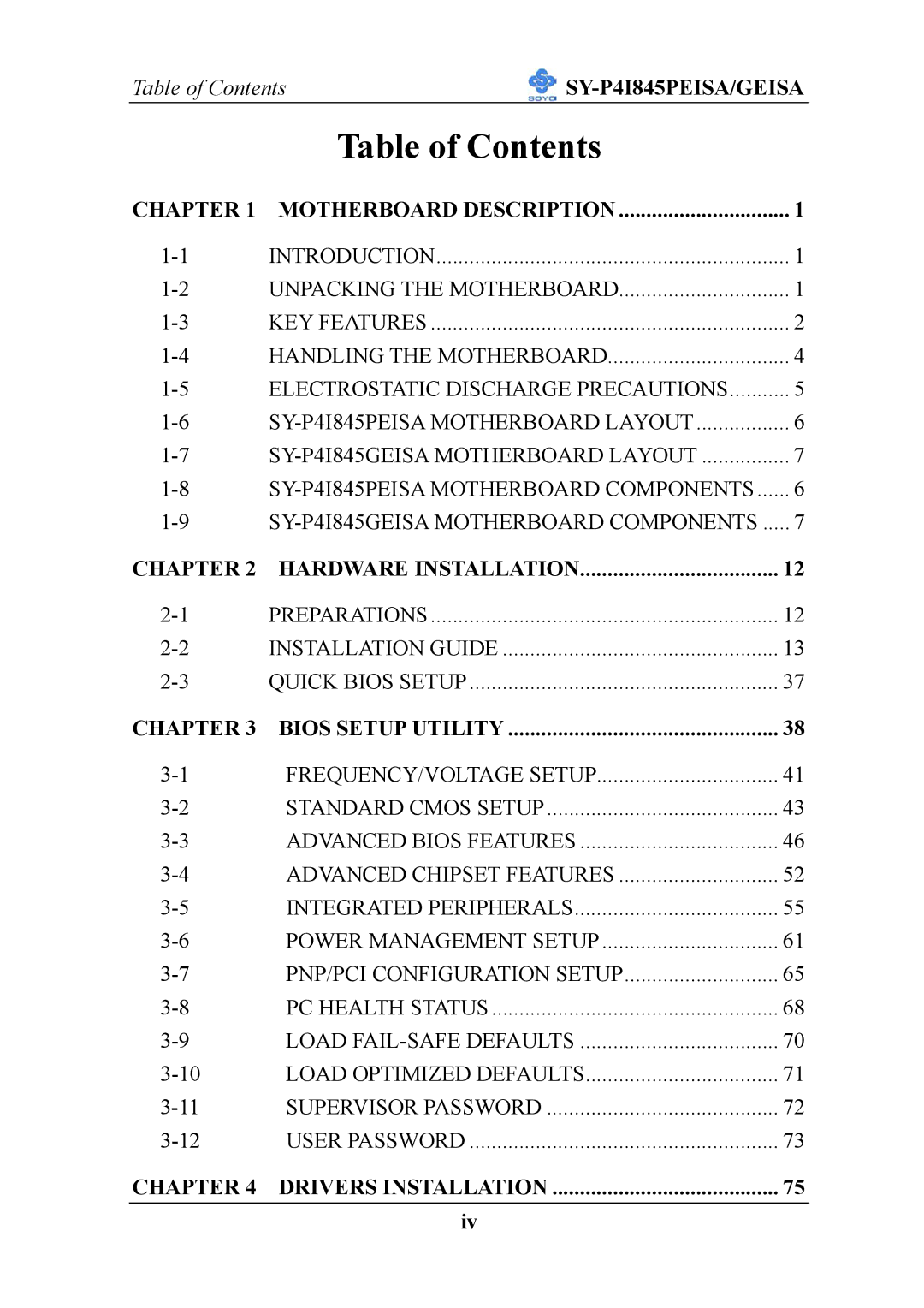 SOYO SY-P4I845PEISA manual Table of Contents 