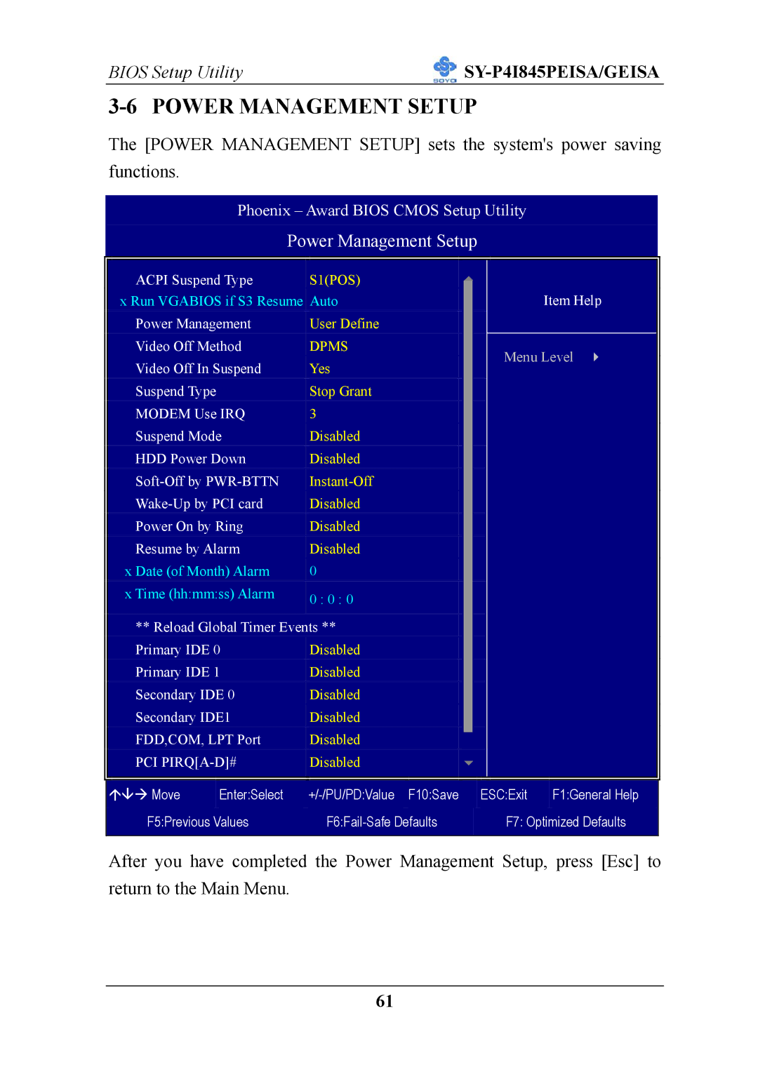 SOYO SY-P4I845PEISA manual Power Management Setup 