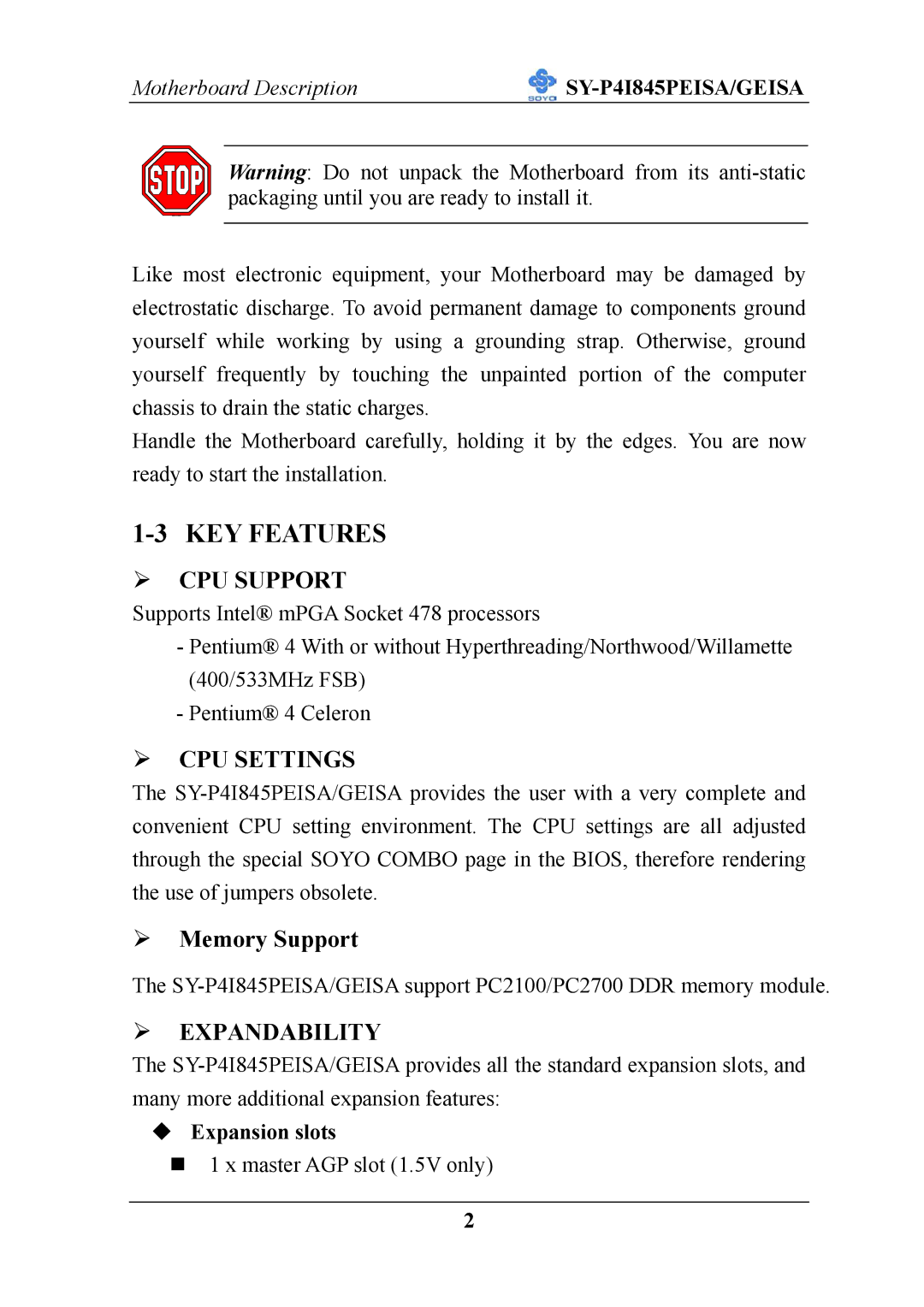 SOYO SY-P4I845PEISA manual KEY Features, Expansion slots 