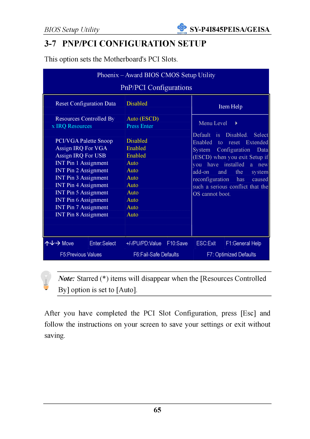 SOYO SY-P4I845PEISA manual PNP/PCI Configuration Setup, PnP/PCI Configurations 