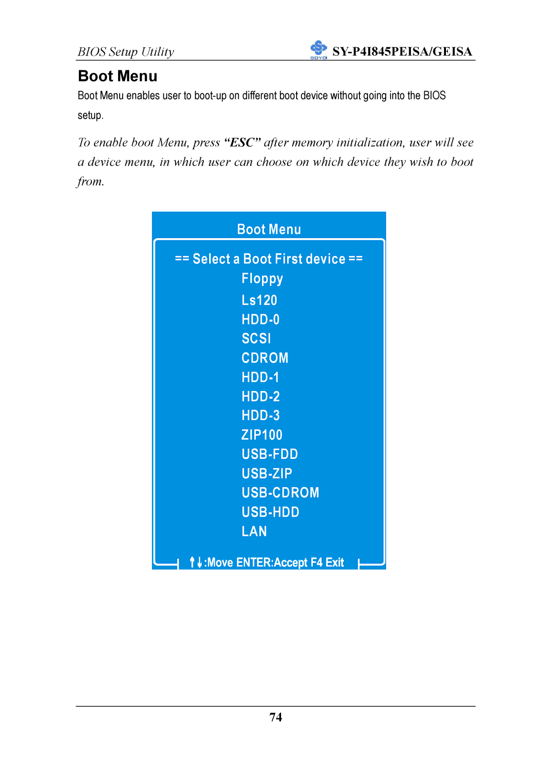 SOYO SY-P4I845PEISA manual Boot Menu 