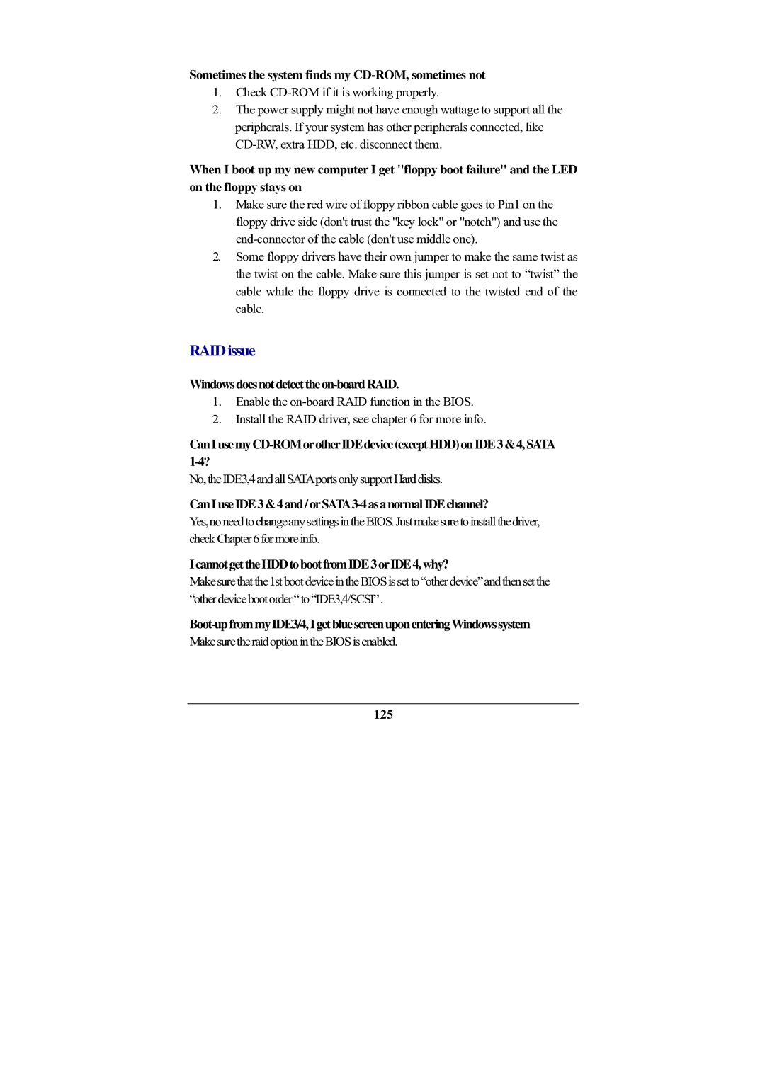 SOYO SY-P4I875P manual Sometimes the system finds my CD-ROM, sometimes not, Windowsdoesnotdetecttheon-boardRAID, 125 