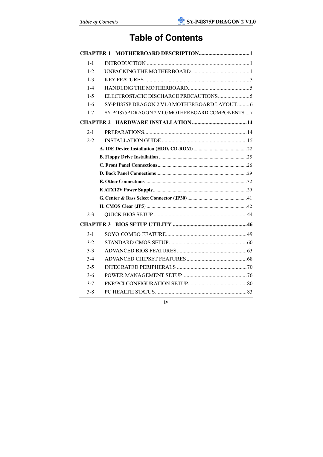 SOYO SY-P4I875P manual Table of Contents 