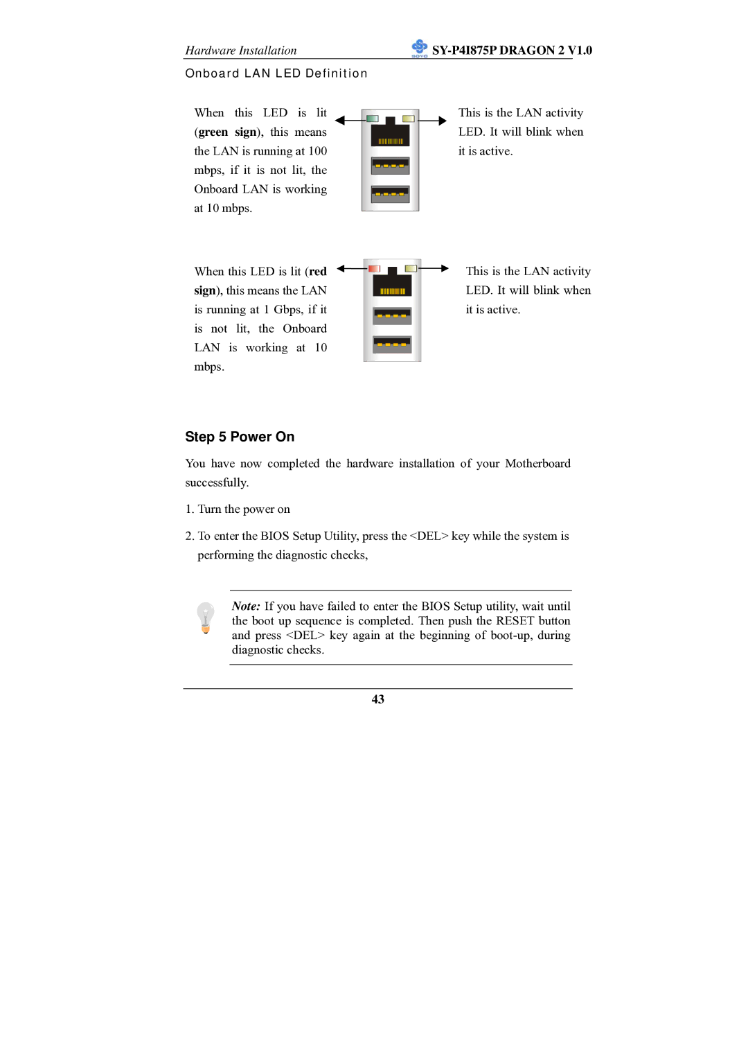 SOYO SY-P4I875P manual Power On, Onboard LAN LED Definition 