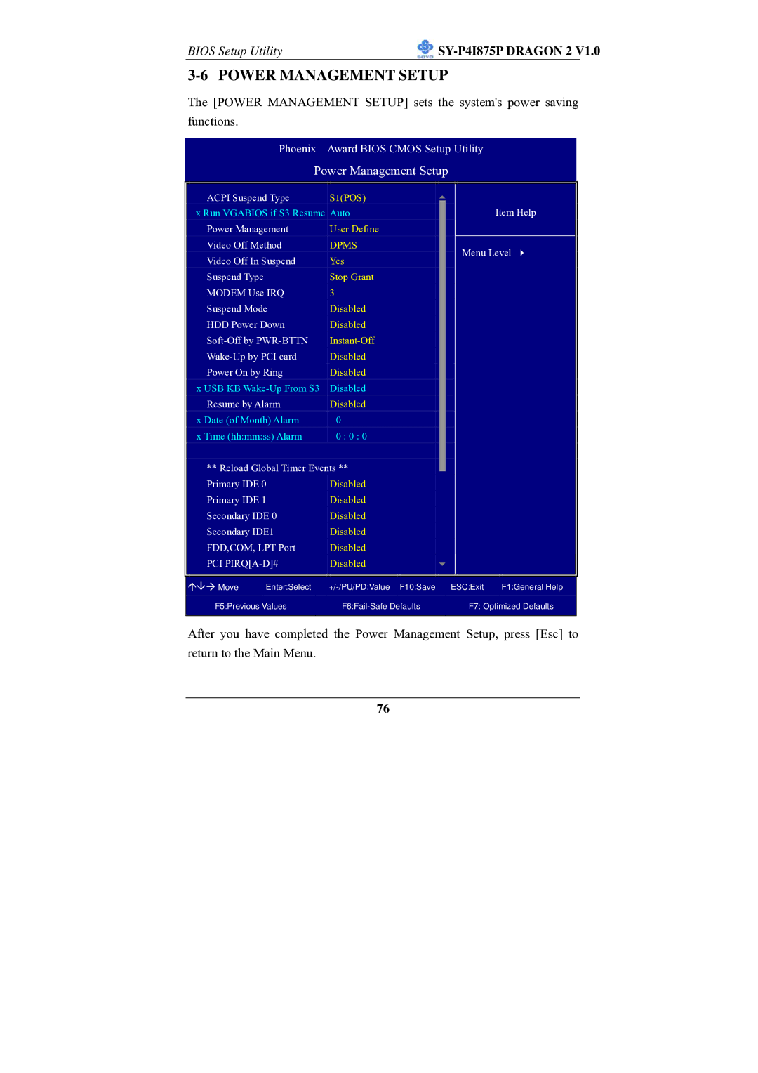 SOYO SY-P4I875P manual Power Management Setup 